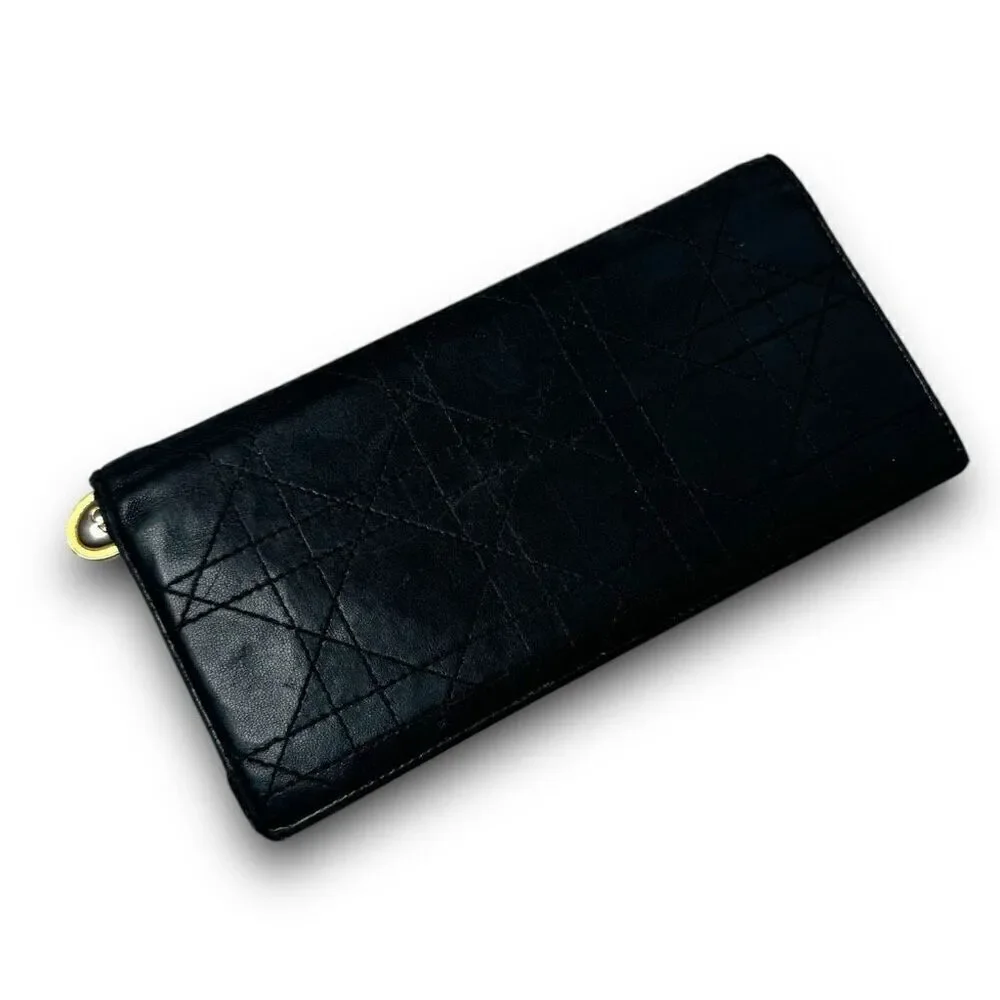 Vintage Christian Dior Lady Dior Black Leather Quilted Long Wallet 7.5 x 3.75